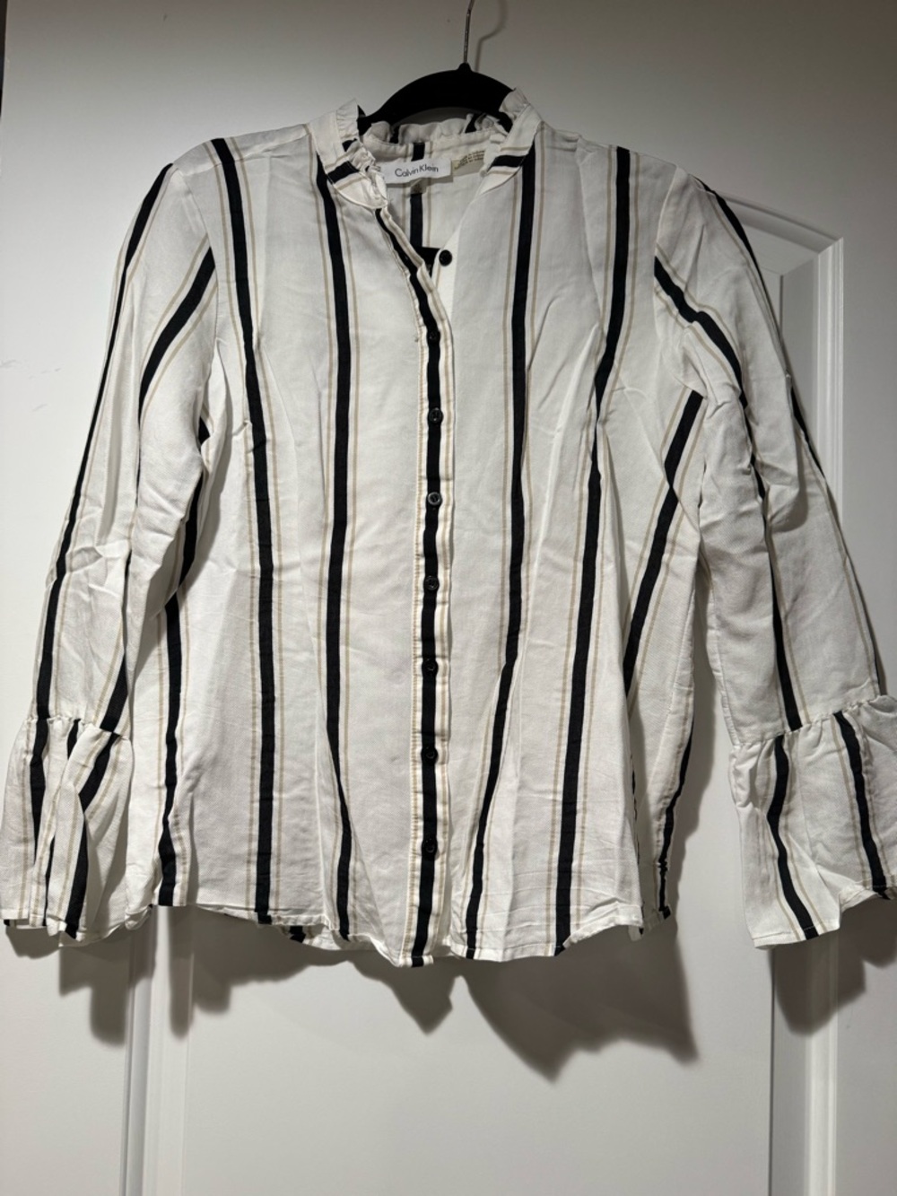 Calvin Klein White Blouse with Black Vertical Stripes